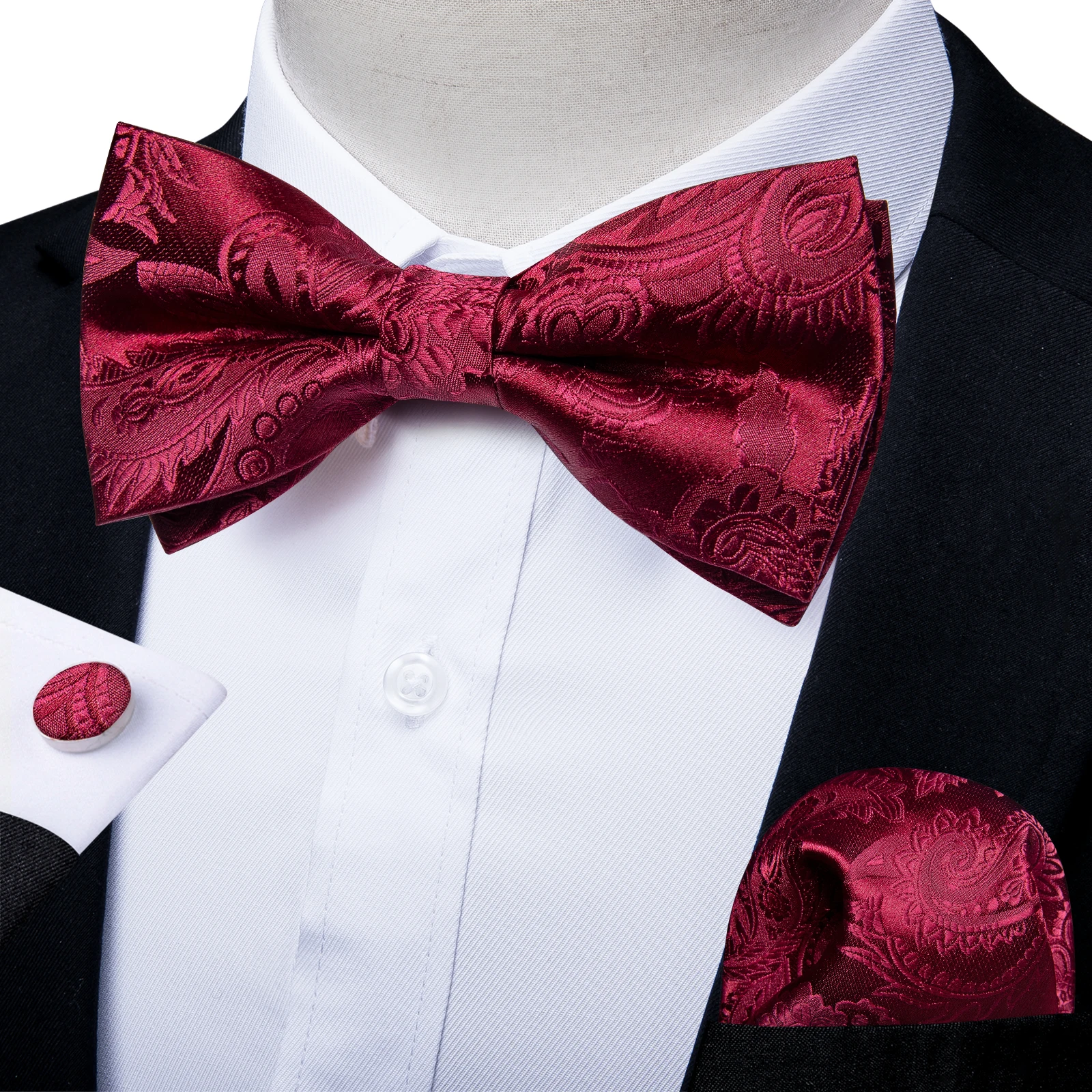 Nova chegada pré-amarrado laço laços de seda vermelho floral casamento bowtie para homens borboleta nó abotoaduras hanky conjunto masculino terno acessórios