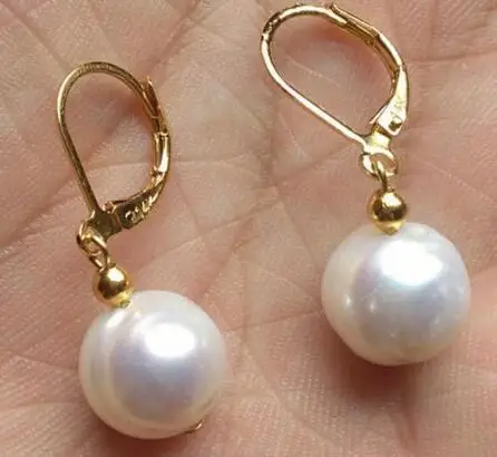 

free shipiing huge AAA+10-11mm perfect white Australia pearl dangle earring 14K/20 hook