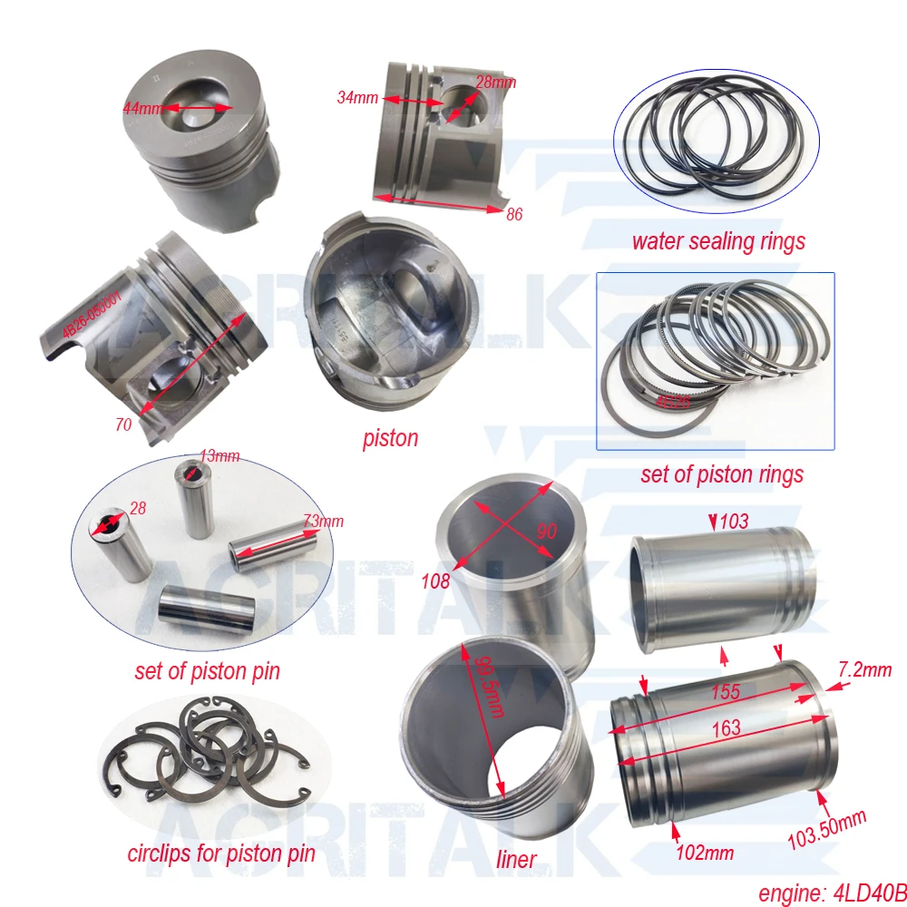 set of piston groups: piston, piston rings, liners, piston pin and circlips, water sealing for Changchai 4LD40B engine