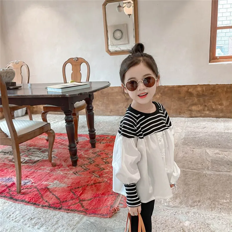 2021 Autumn New Children\'S Clothing Girls Korean Striped Stitching Top And Flared Pants Two-Piece Baby Kids Girls Clothes Suit