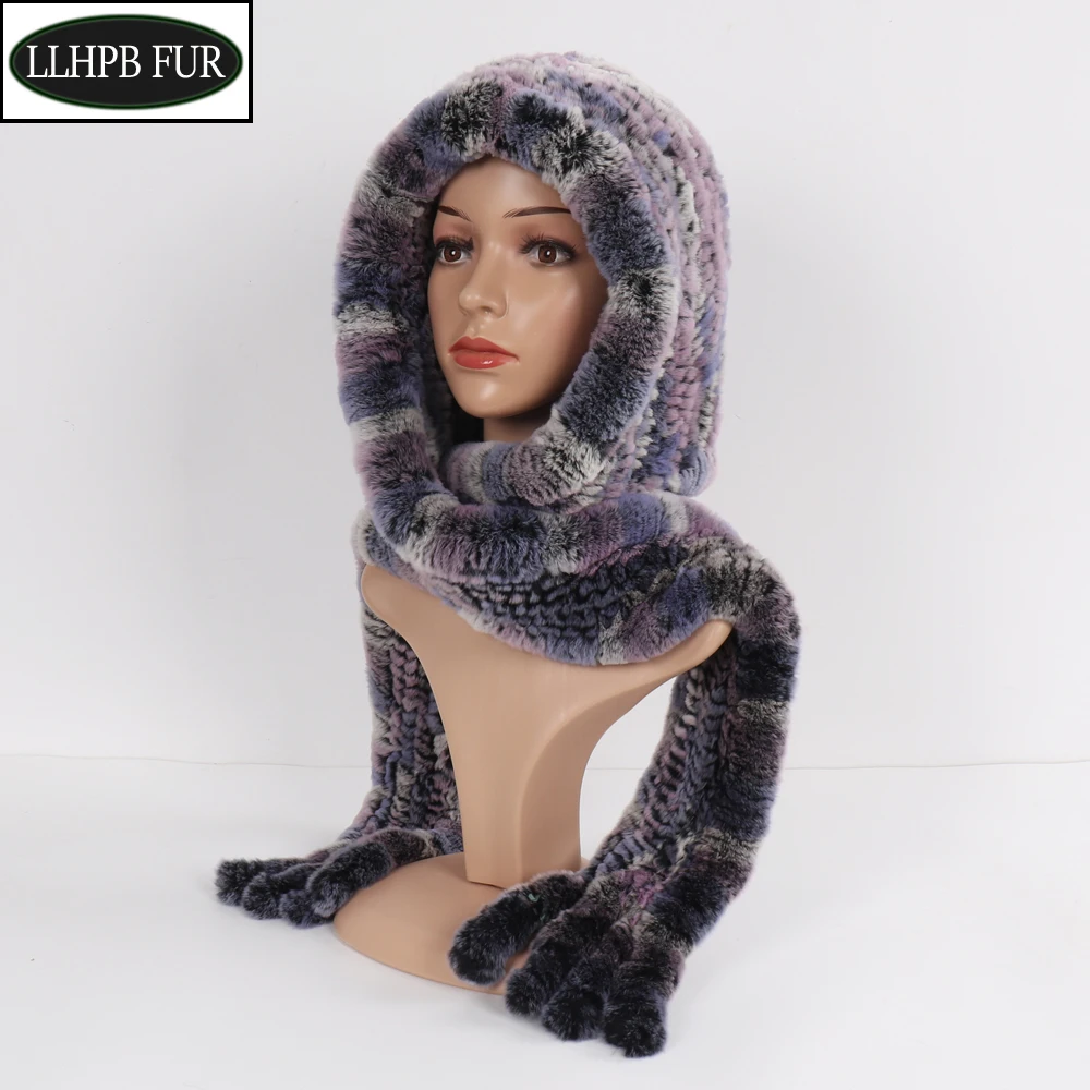 

Hot Sale Lady Winter Outdoor Warm Real Rex Rabbit Fur Hat Scarves Natural Rex Rabbit Fur Cap Scarf Women Knitted Real Fur Hat