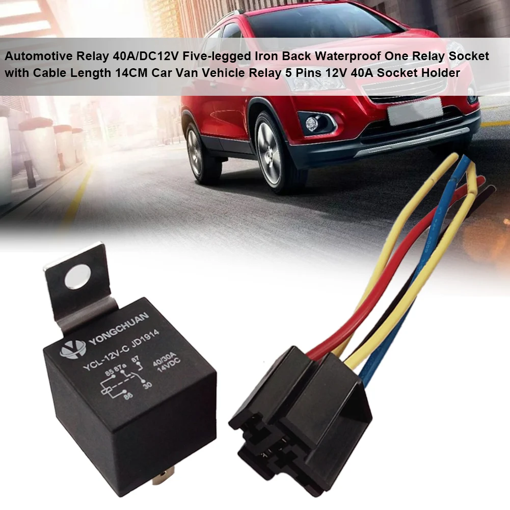 Automotive Relay 40A/DC12V Five-legged Iron Back WaterproofRelay Socket with Cable Length 14CM Car Van Vehicle Relay 5 Pins