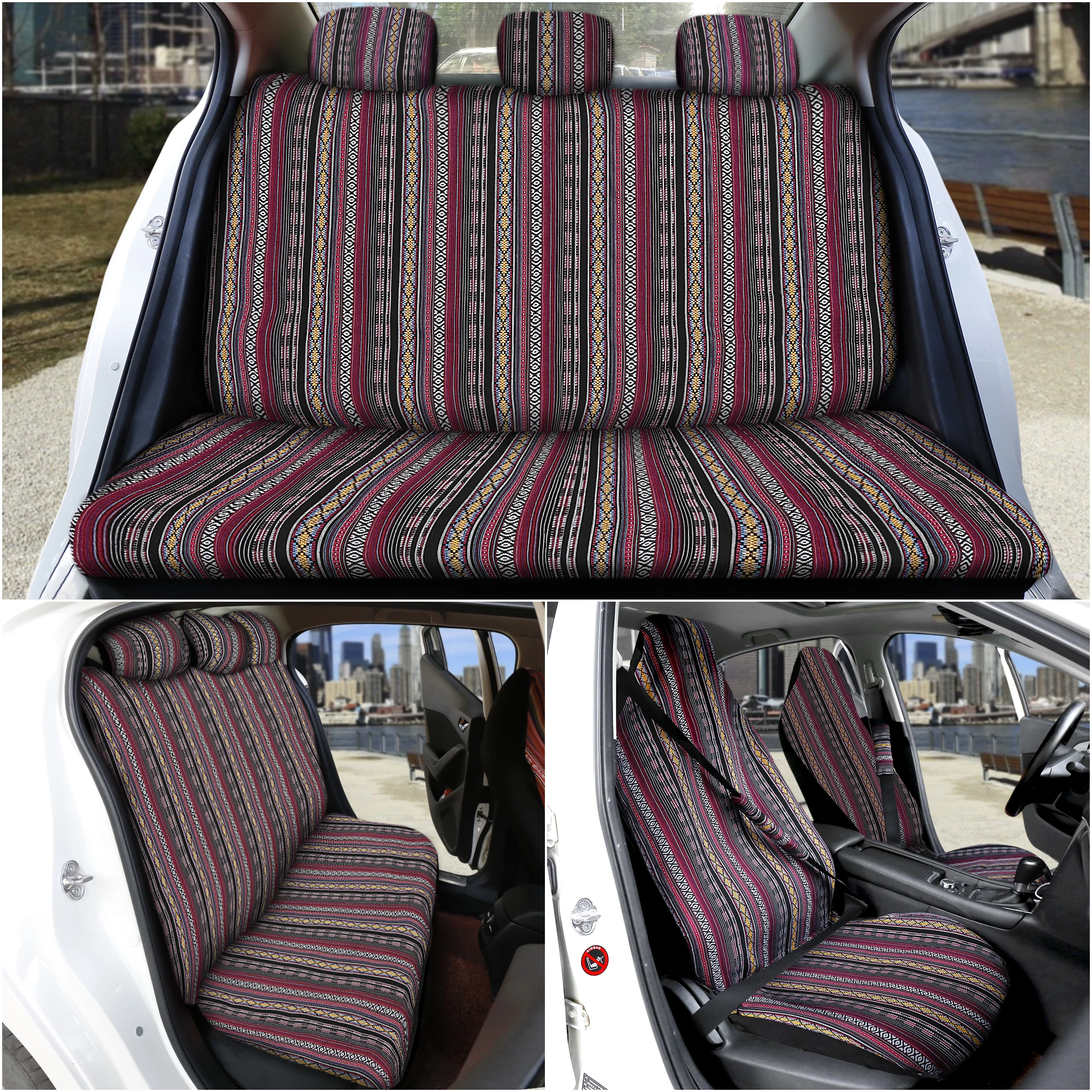 Uxcell Stripe Multi-Color Seat Cover Baja Saddle Blanket Weave Bucket Seat Cover for Cars & Vans with Steering Wheel Cover