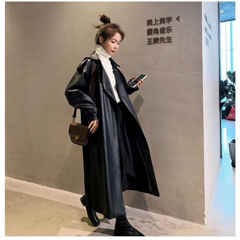 Nerazzurri Spring Black Oversized Long Waterproof Leather Trench Coat for Women 2021 Long Sleeve Loose Korean Fashion Clothing