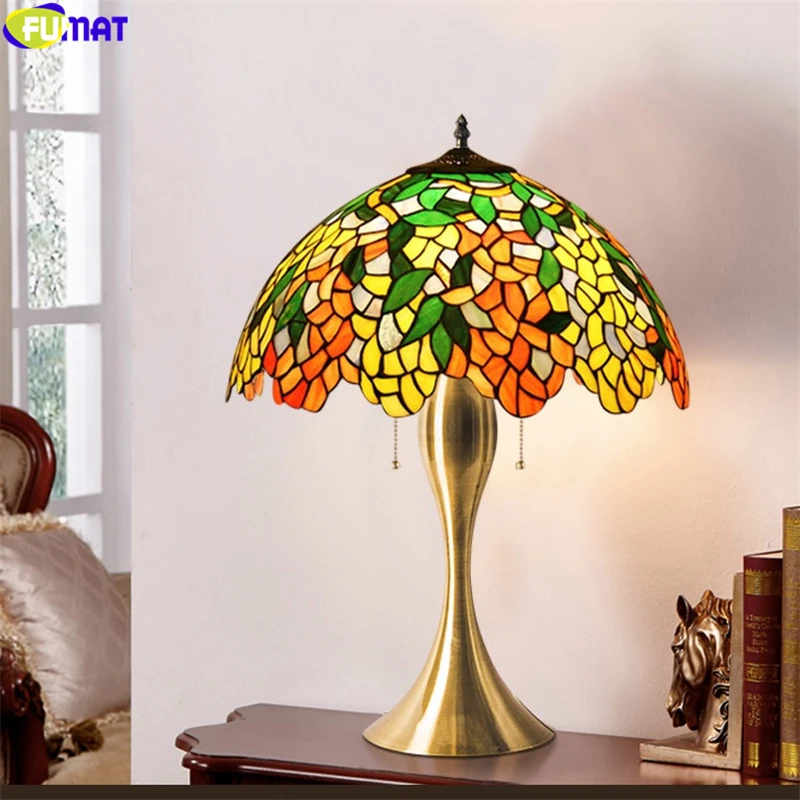 

FUMAT Red Rose Tiffany Style Desk Lights Stained Glass Table Lamp Jade Colorful Wisteria Lampshade Handicraft Art Antique Decor