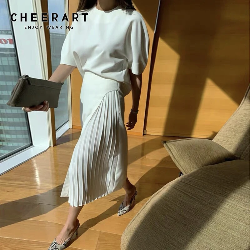 CHEERART Korean Fashion Pleated Skirts Womens 2021 White Long Patchwork High Waist Midi Summer Skirt A Line High Fashion Bottoms