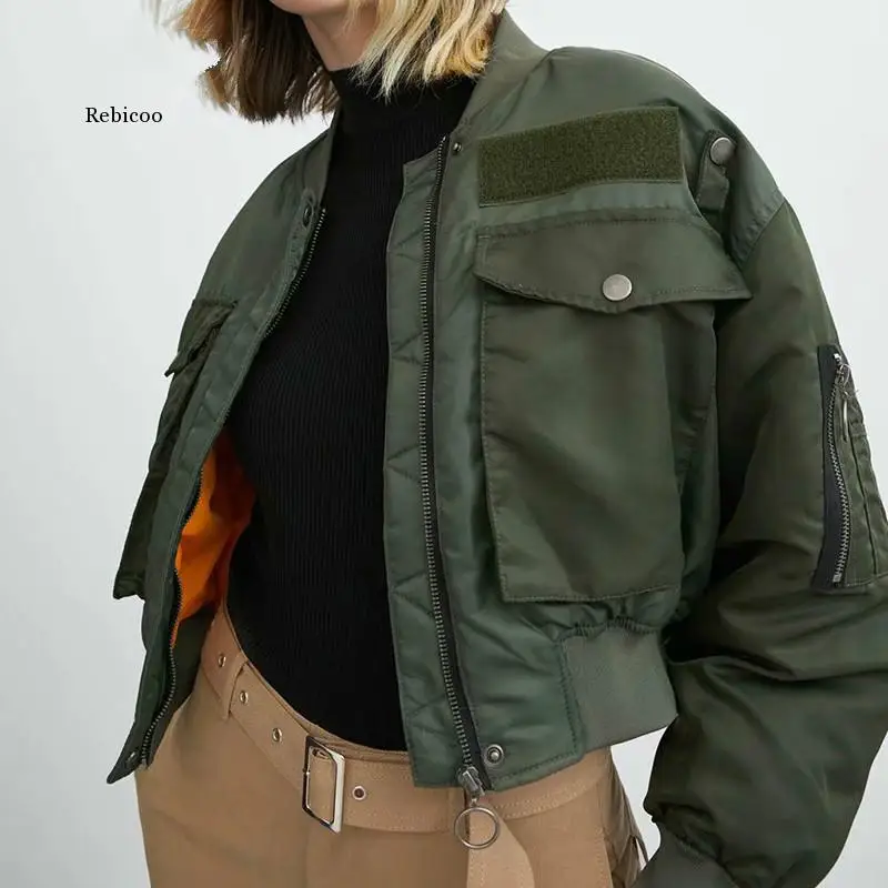 Autumn Bomber Jacket Women Army Green Warm Zipper Pockets Winter Coat Female Jacket Parkas