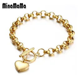 Vintage Stainless Steel Keel Chain Puff Heart Charms Bracelet For Woman Toggle Bracelets Jewelry