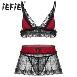 Mens Erotic Sissy Nightwear Lace Lingerie Set Straps Deep V Neck Bra Top with Mini Skirt and G-string Briefs Sexy Underwear Sets