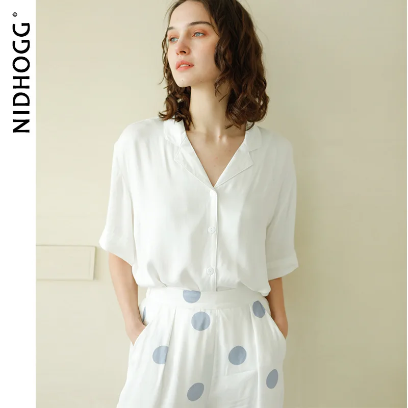 2020 Spring Simple Satin Short Sleeve Trousers Pajamas Suit Blue Dots Printing Pijama Womens Luxury Sexy Clothes White 2 Piece