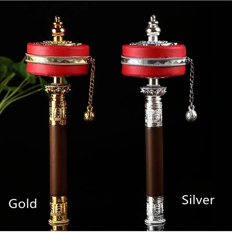 Gold/Silver Red Leather Alloy Copper Lotus Base Decorate Six Words Mantra Hand Cranking Auspicious Prayer Wheel