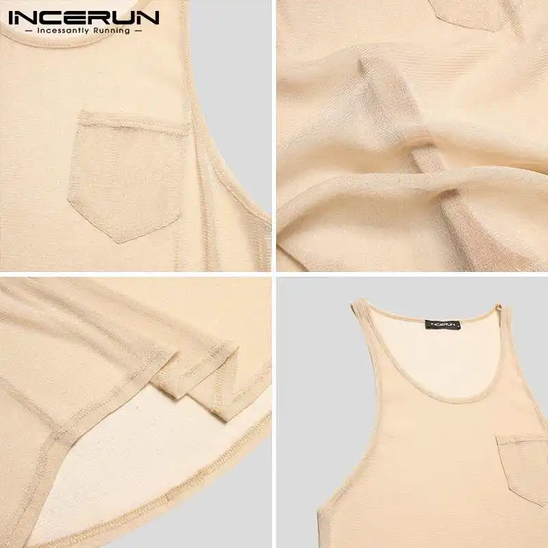 2023 Summer Tank Tops INCERUN Men Sleeveless Mesh Thin Tops Round Neck See Through Vests Man Fashion Pocket Vests Streetwear 5XL