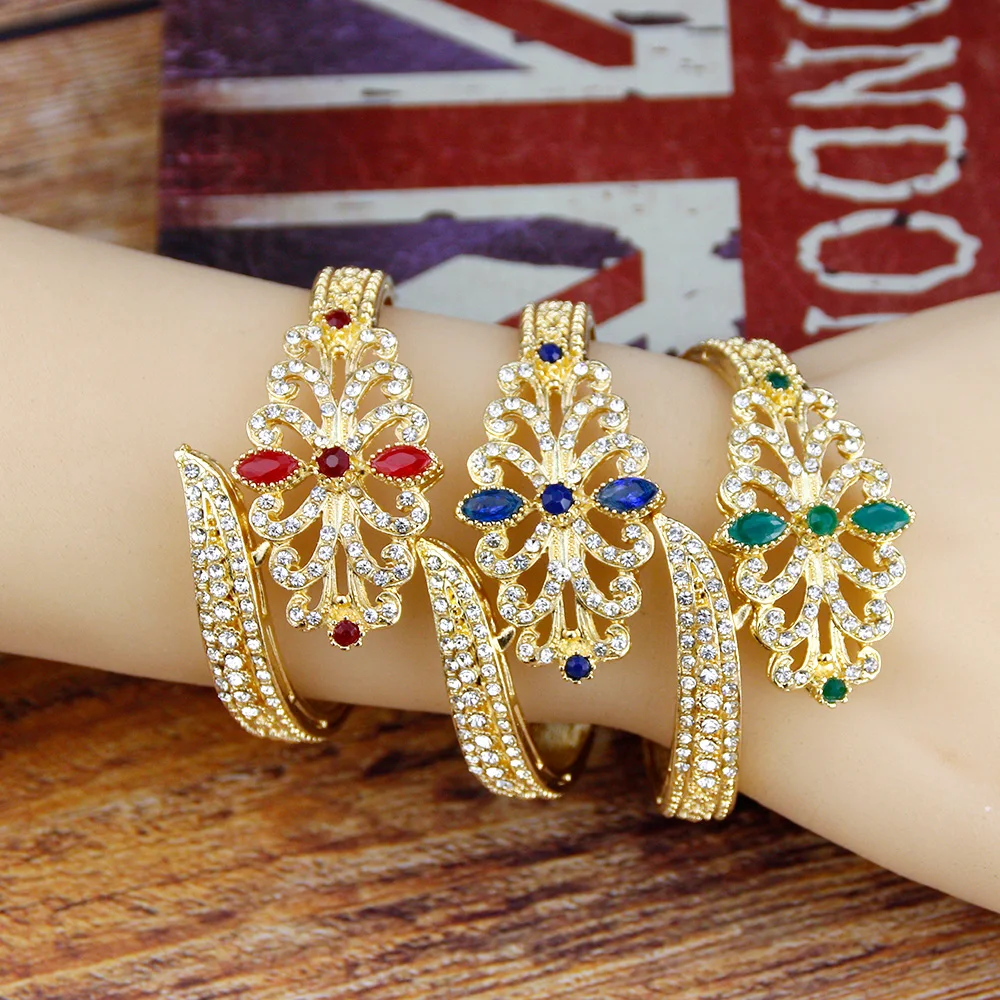 Sunspicems Elegent Morocco Bangle Gold Color Women Cuff Bracelet Full Rhinestone Arab Ethnic Wedding Jewelry Lover Gift