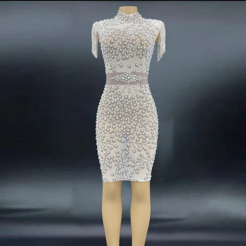 Sexy Mesh Rhinestones white Pearls mini Dress Birthday Celebrate Stretch Costume Female Singer Show Stereoscopic Shoulder Dress