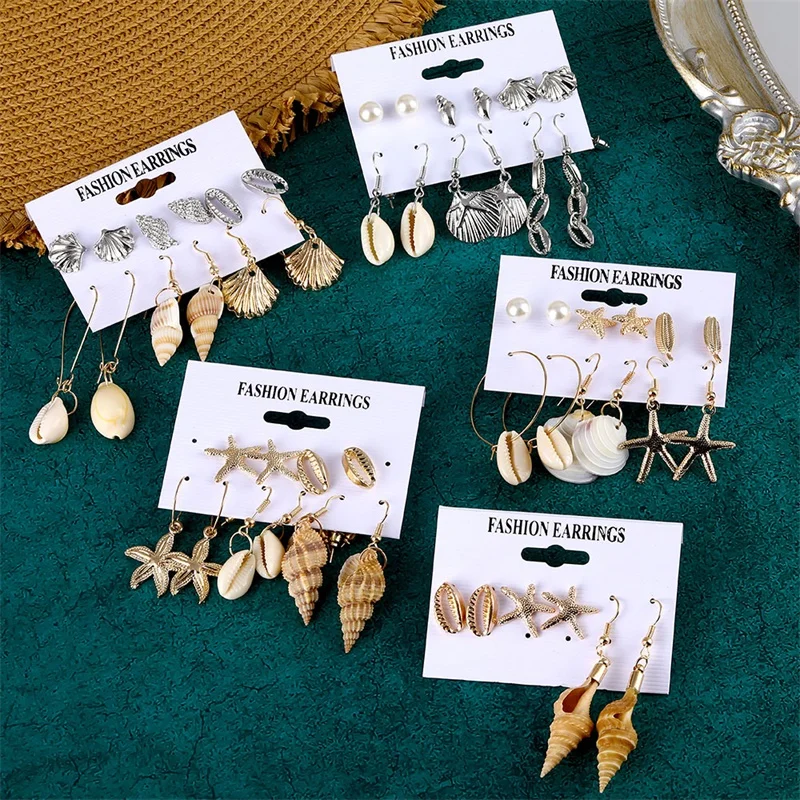 Bohemian Sea Shell Earrings Set For Women Gold Color Geometric Drop Earring Brincos Boho Summer Beach Earrings Fashion Jewelry