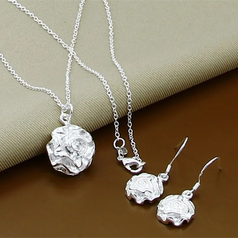 925 Sterling Zilveren Prachtige Rose Bloem Ketting Armbanden Oorring Set Voor Vrouwen Trouwfeest Sieraden Geschenken