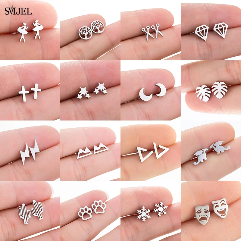 Mini Stainless Steel Earings 2024 Animal Ear Studs Punk Cross Star Dragon Ballet Stud Earrings Fashion Jewelry Pendientes Gifts