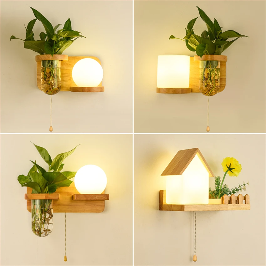 

Nordic Plant Creative Glass Wall Lamps Living Room Solid Wood Bedroom Bedside Lamp Aisle Hall Sconces Wall Lights Deco Fixtures