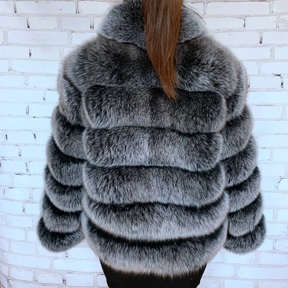 NEW Black frost color Real Fox Fur Coat For Women With Stand Collar Thick Warm Winter Genuine Fox Fur Jacket High Quality Fur