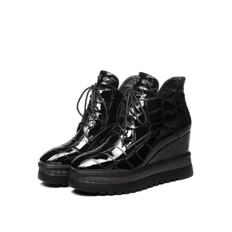 

Brand Wedges Ankle Shoes Woman Autumn Winter Lace Up High Heels Footwear Designer Black Zipper Platform Shoes Pumps Plus Size 42