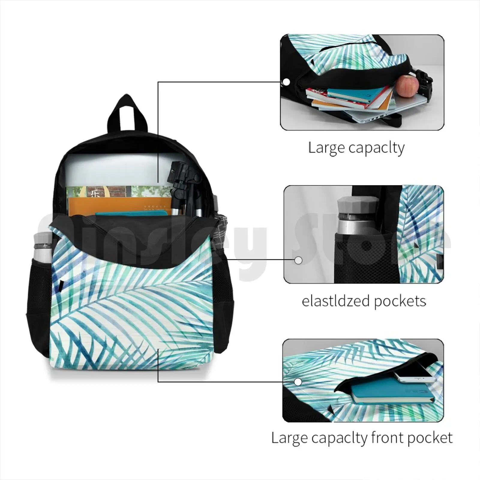 Mochila de senderismo al aire libre con estampado de palmeras tropicales, bolsa deportiva de escalada, verde azulado, azul, palmera Tropical de verano