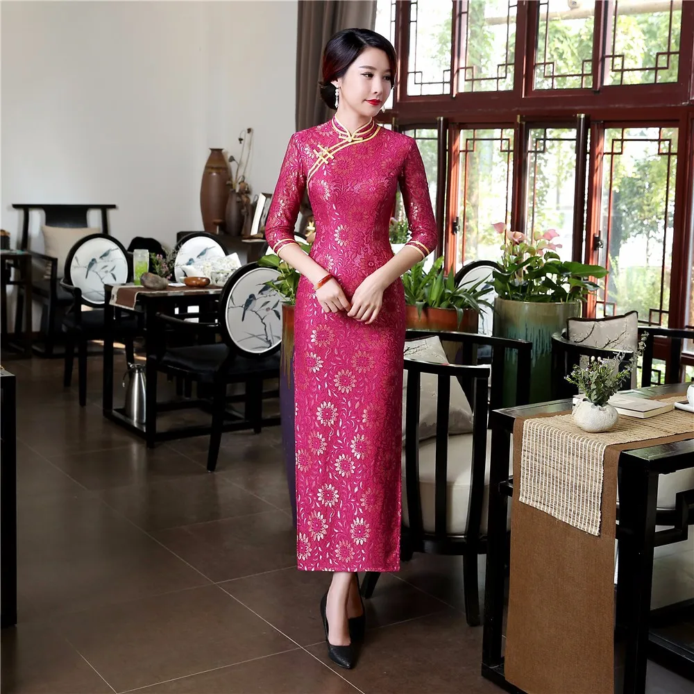 

Rose red cheongsam Chinese style long-sleeved dress retro lace elegant traditional long cheongsam sexy Size S-3XL 2020