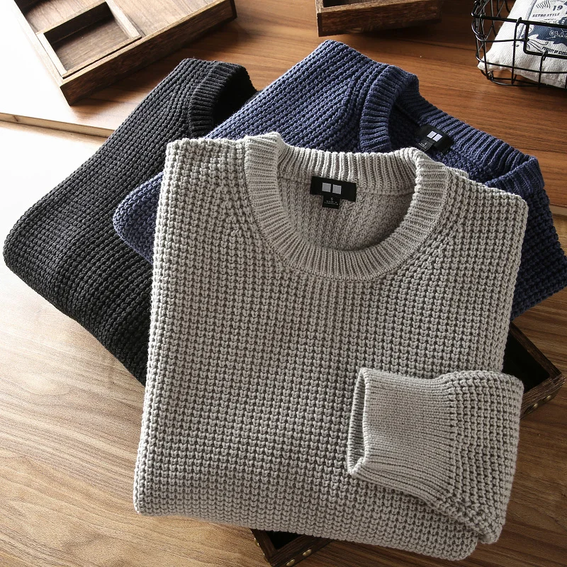 Autumn Winter New Original Long Sleeve O-neck Waffle Knitted Sweater Men's Fashion Japanese Rerto Loose Casual Pullover Coat