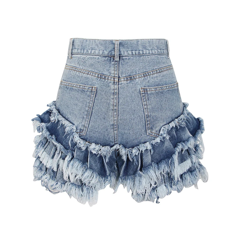 Ecrurani azul retalhos denim shorts para as mulheres de cintura alta borlas assimétrico casual calças curtas femininas 2022 verão moda estilo