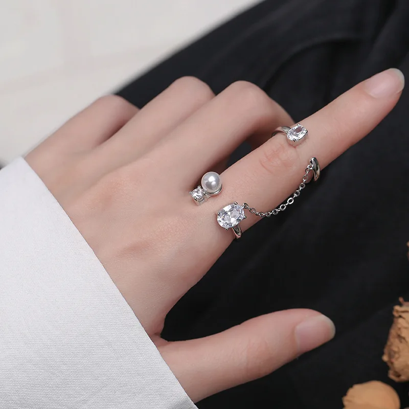 

VENTFILLE 925 Sterling Silver Combination Open Rings Pearl Zircon Long Tassel Chain Finger Ring for Women Best Party Jewelry