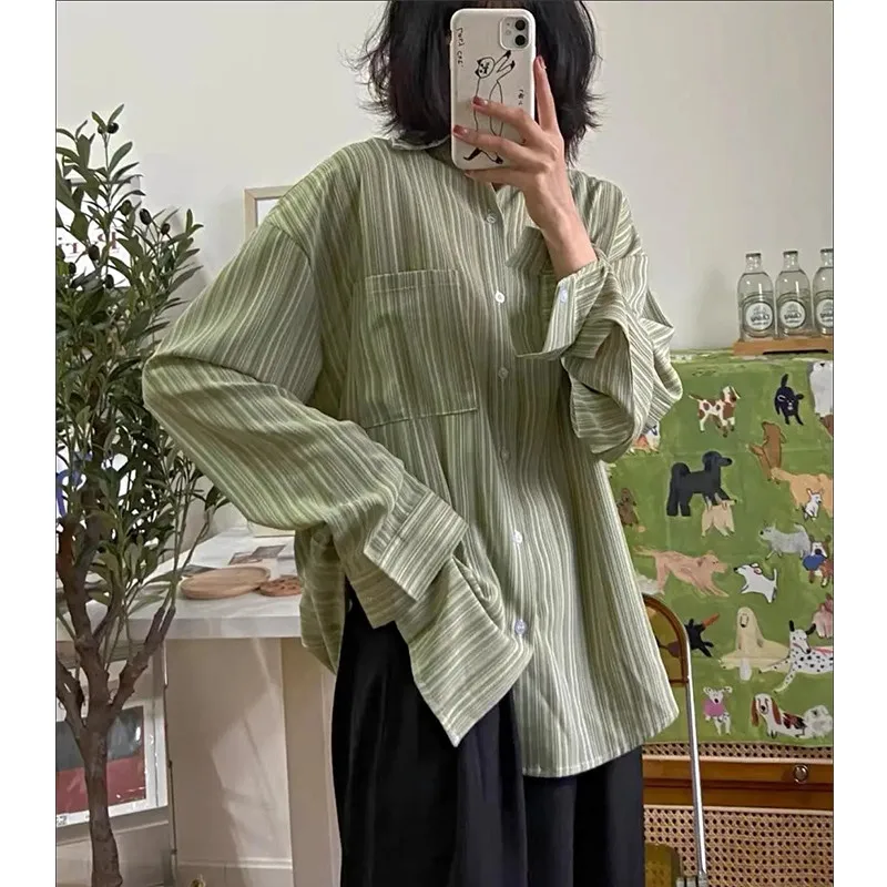 

2022 New Loose Vintage Hong Kong-Style Long Sleeve Shirt For Women Casual Blouse Striped College Shirt Female Streetwear Tunics