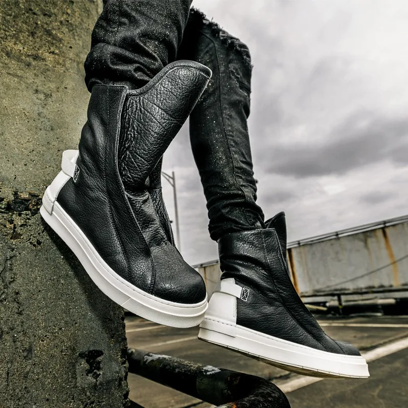 Men High-Top Casual Shoes Designer Slip-On Genuine Leather Platform Boots Winter Black Sneakers Personality Safety Work Boots