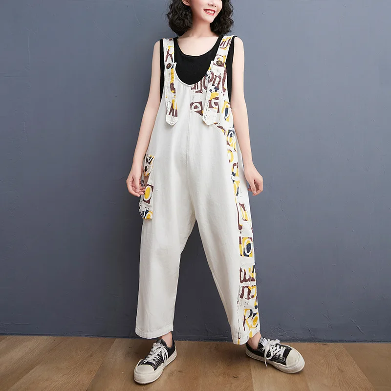 Denim Jumpsuit Women Autumn 2021 Letter Print Ankle-Length Baggy Bib Pants with Strap Loose Jeans Size M~2XL High Waist Overalls