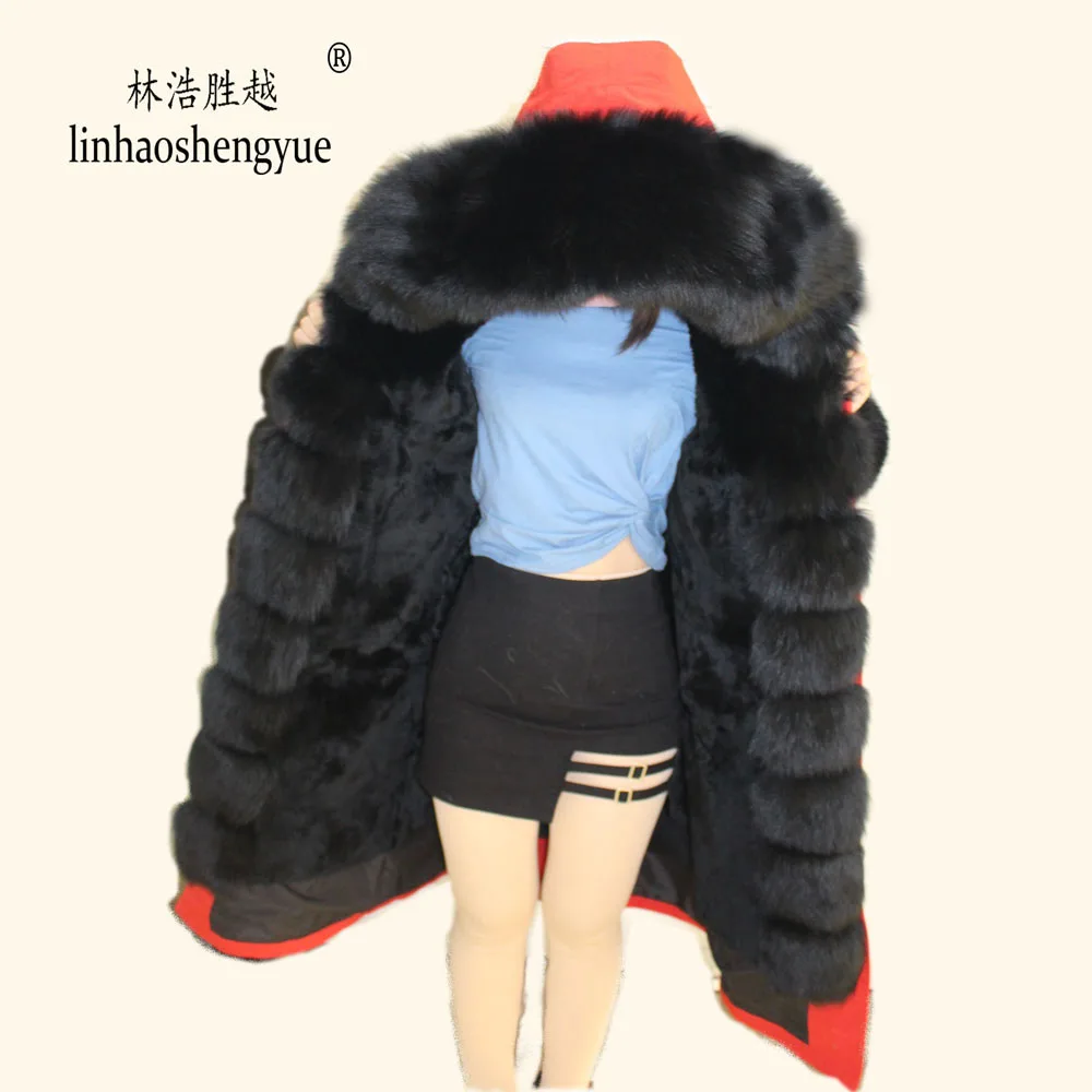 Linhaoshengyue Mùa Đông Nữ Khoác Ngoài Dày Parkas Tự Nhiên Thật Cáo Cổ Lông Áo Khoác Thỏ Lót