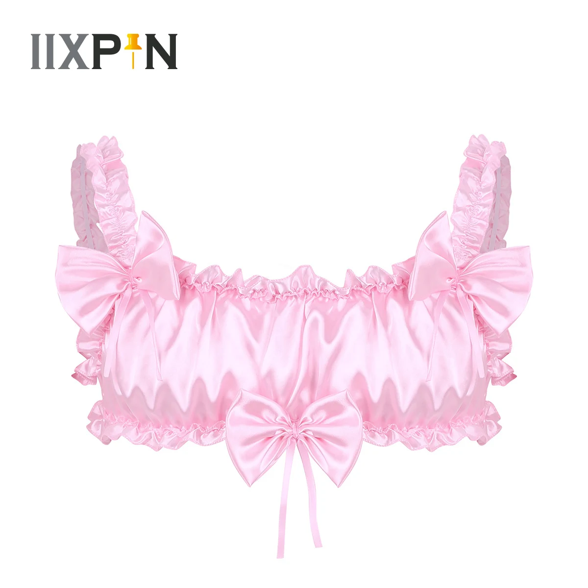 IIXPIN Mens Sissy Lingerie Smooth Gay Exotic Crop Tops Soft Satin Ruffled Frilly Wide Shoulder Straps Backless Wire-free Bra Top