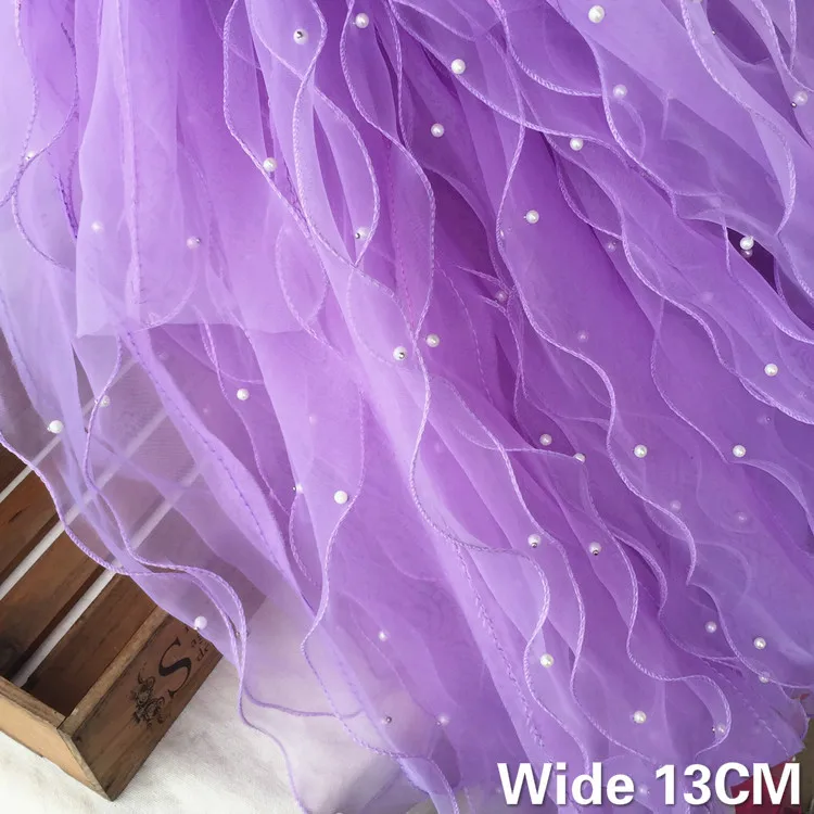 13CM Wide Three Layers Organza 3d Lace Fabric Ruffle Trim Beaded Fringe Ribbon Wedding Dress Princess Fluffy Skirts Sewing Decor