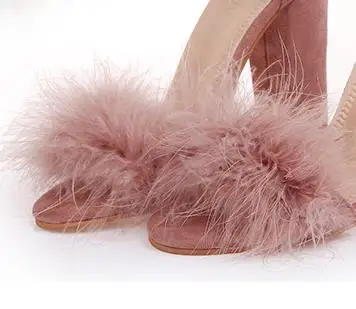 Ankle Strap High Heels Faux Fluffy Rabbit Fur Women Sandals 2020 Thick High Heel Party Wedding Summer Lady Shoes