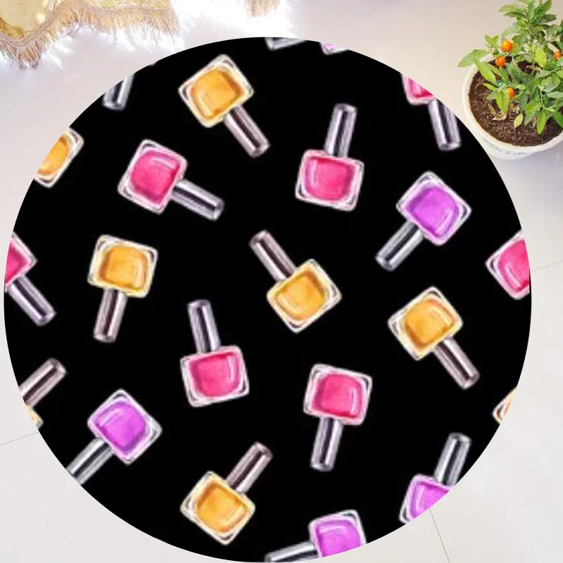 Black Colored Nail Polish Makeup Cosmetics Round Area Rug Carpet Floor Mat for Nail Beauty Salon Girl Bedroom Living Room Rugs