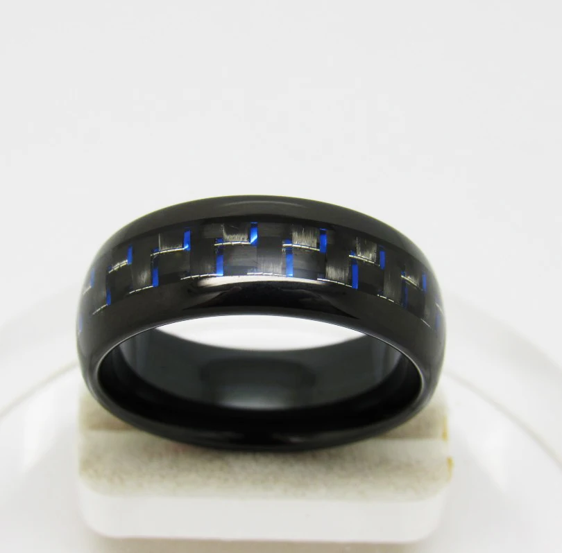 

8mm Black Tone Man Tungsten Carbide Engagement Rings Dome Band Inlay Black&Navy Carbon Fiber Comfort Fit Size 6-13 Can Engrave