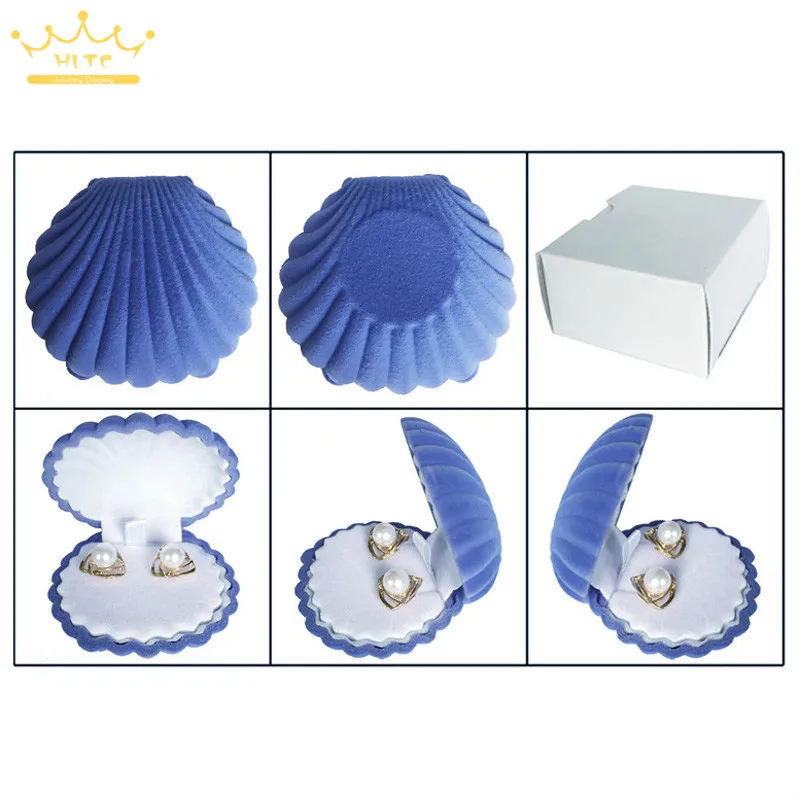 Wholesale 50Pcs/lot Shell Shape Lovely Velvet Wedding Engagement Ring Box for Earrings Necklace Chain Jewelry Display Gift Box