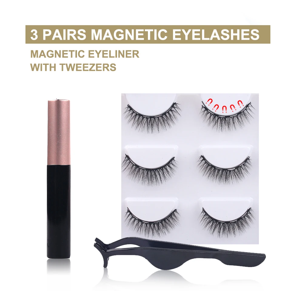 THINKSHOW 3 Pairs Magnetic Eyelashes Liquid Eyeliner & Tweezer Set &Magnetic False Eyelashes Waterproof Long Lasting Eye Lash