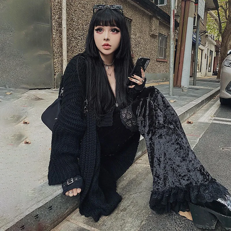 Sexy Fashion Patchwork Lace Solid Flare Pants Women Gothic Dark High Waist Loose Trousers 2021 New Street Suede Pants