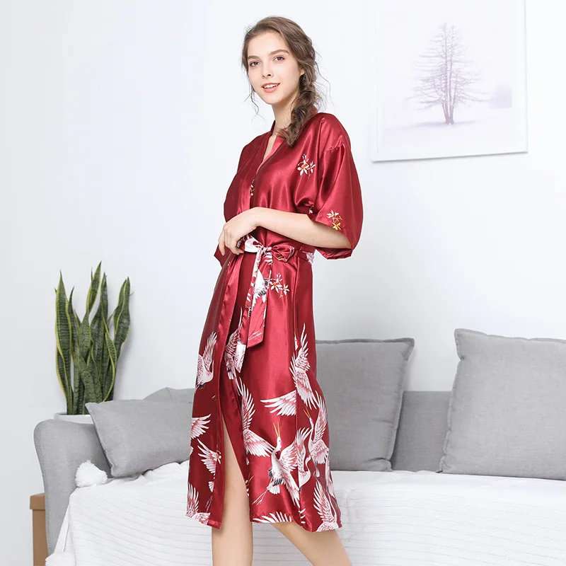 Kimono Satin Pajamas Wedding Robe Bridesmaid Sister Mother Of The Bride Japanese Yukata Print Crane Bathrobe Nightgown Sleepwear