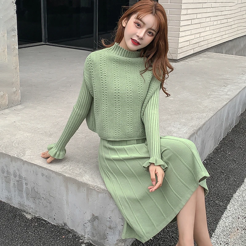 EHQAXIN 2023 Autumn Winter Knitted 2 Piece Set Women Long Sleeve Half High Collar Pullover Sweater + Ladies Knitting Skirt Suit