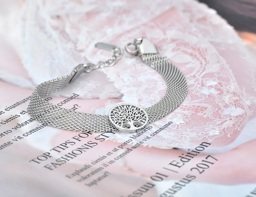 JeeMango Trendy Round Disc Tree Charm Armbänder Schmuck für Frauen Titan Edelstahl Netzwerkkettenarmband JB20028 – Detail 3