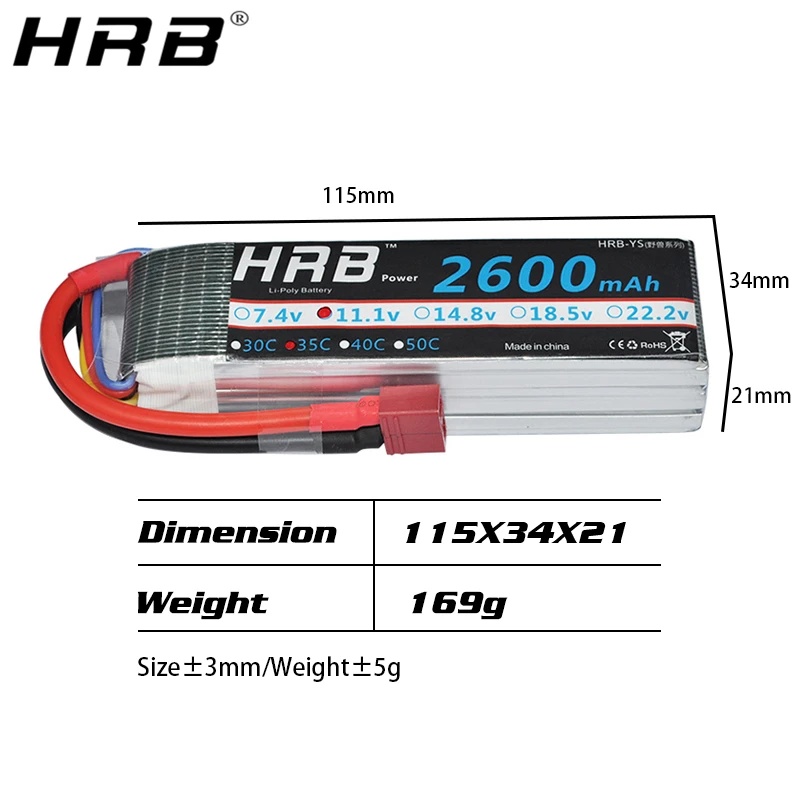 HRB 3S 11.1V Lipo Battery 2600mah XT60 T Deans Female Plug 35C For Axial Racing Airplanes FPV Drone Car Boat RC Parts