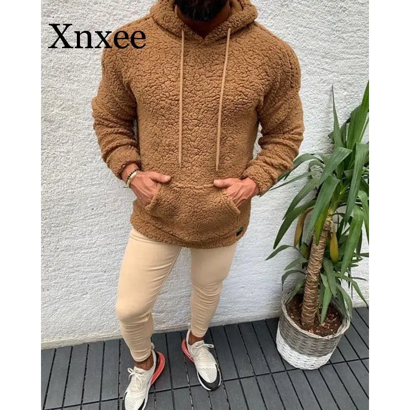 Beige Winter Hooded  Sweater Short Big Pocket Teddy Fleece Fluffy Pullovers Men's  Warm Fleece Tops Streetwear