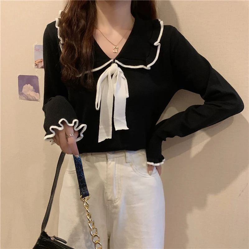 Y2k Pullovers Women Bow All-match Basic Sweater Flare Sleeve BF Peter Pan Collar Knitting Harajuku Spring Soft Clothing Elegant