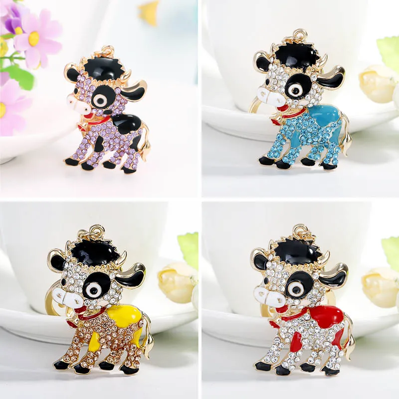 Cartoon Animals Cows Keychain Pattern Purse Bag Car Charm Key Ring Buckle Clasp Gifts Pink Ear White Body Crystal