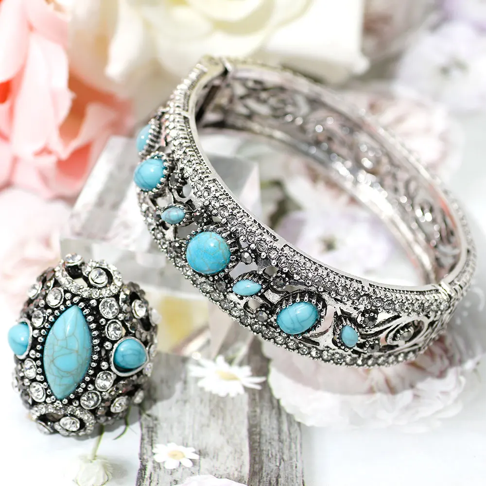 SUNSPICEMS Old Silver Color Turkish Women Bangle Ring Set Natural Stone Vintage Indian Jewelry Ethnic Wedding Cuff Bracelet Ring