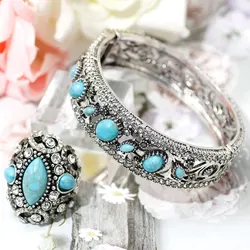 SUNSPICEMS Old Silver Color Turkish Women Bangle Ring Set Natural Stone Vintage Indian Jewelry Ethnic Wedding Cuff Bracelet Ring